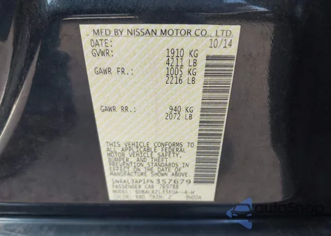 2015 Nissan Altima 2.5 Sl из США, поврежденный, VIN 1N4AL3AP1FN357679